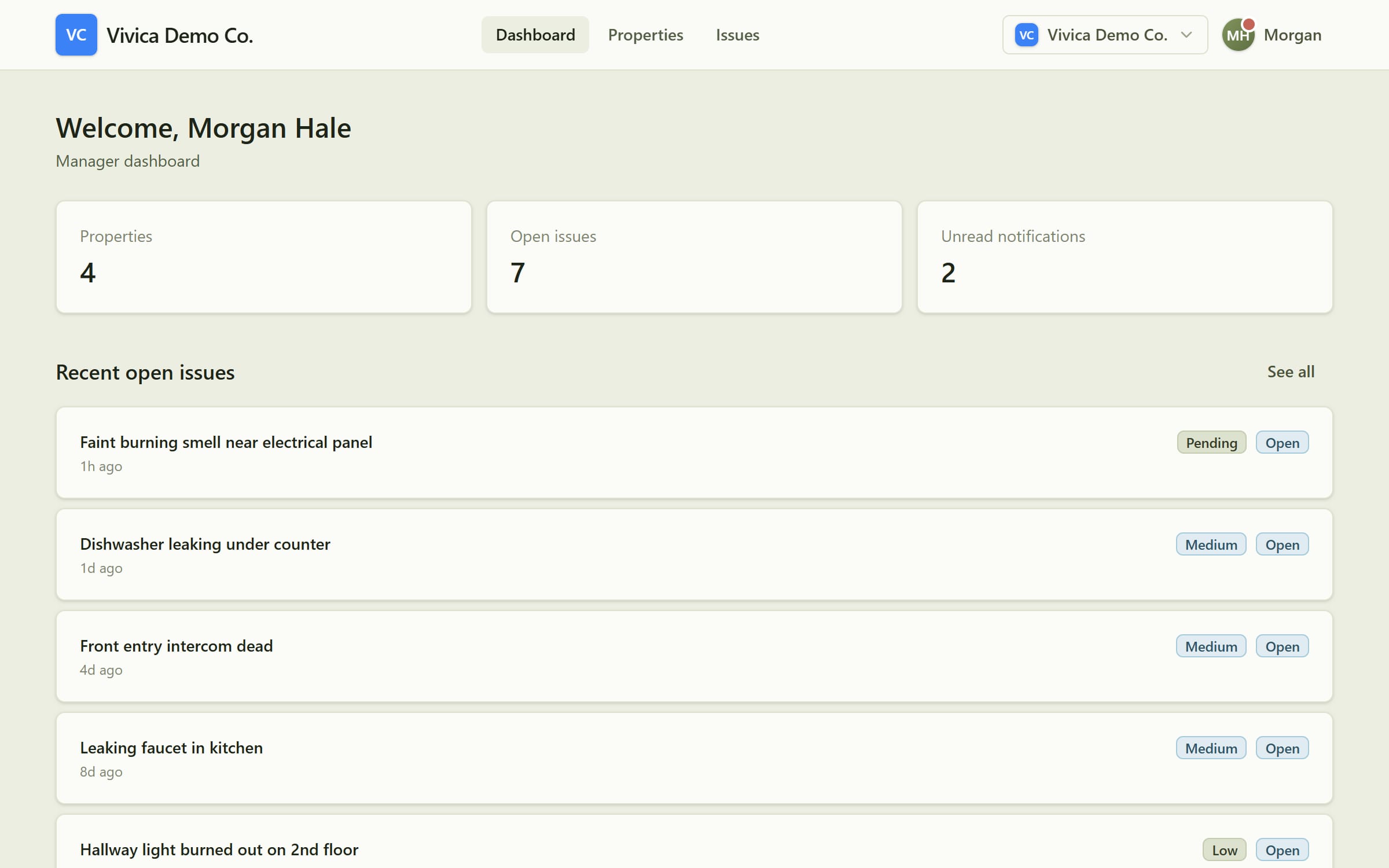 The Vivica manager dashboard: portfolio stats, recent open issues with AI-assessed severity badges, and property cards.