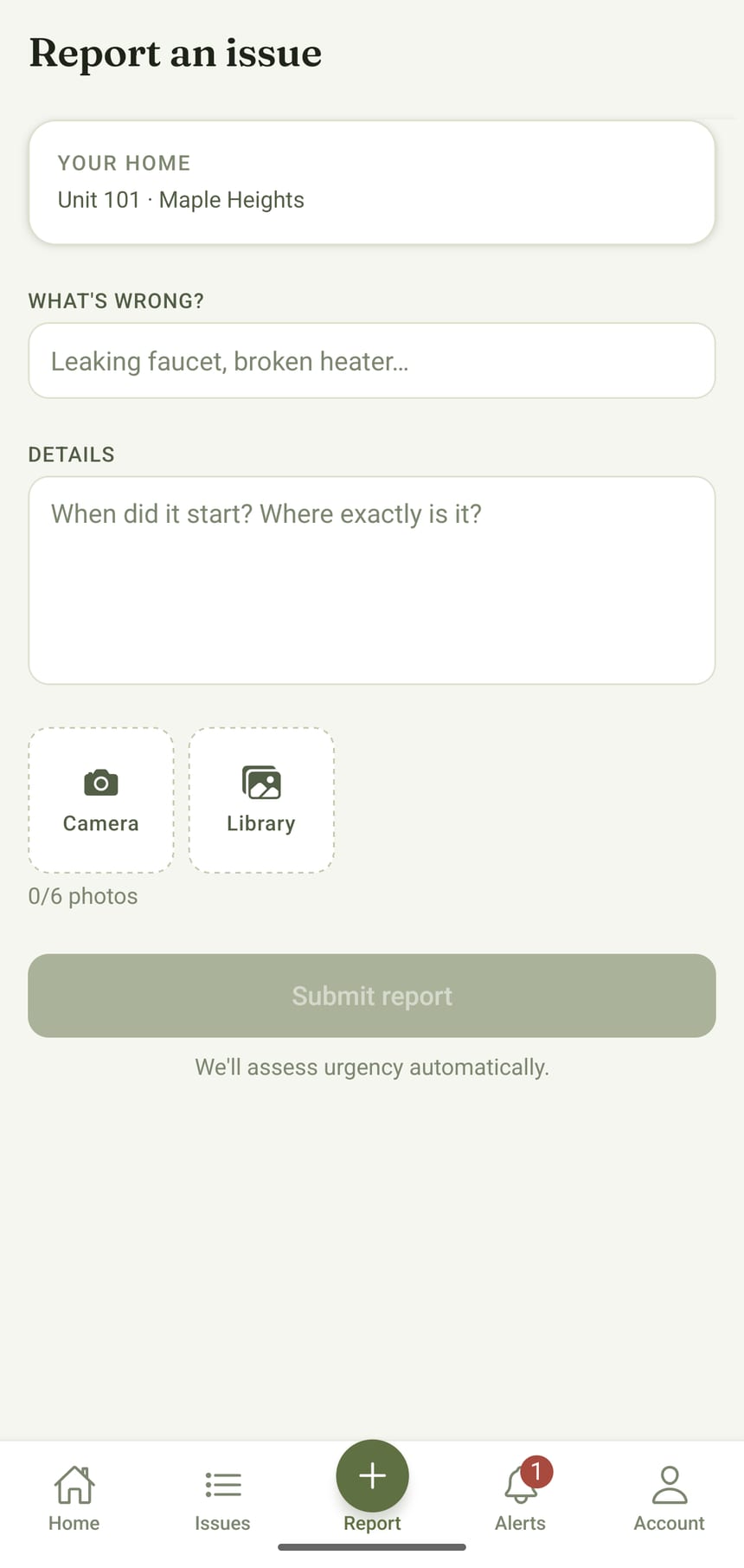 The tenant app report screen with photo upload and automatic urgency assessment.
